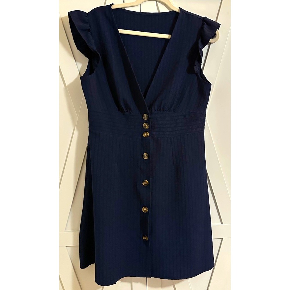 SHEIN Women's Blue Solid A-Line Short V-Neck Cap Sleeve Button Ruffle L